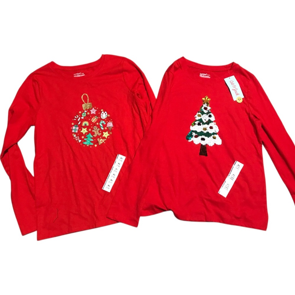Cat & Jack Red Long Sleeve Tees with Holiday Christmas Designs Girls XL